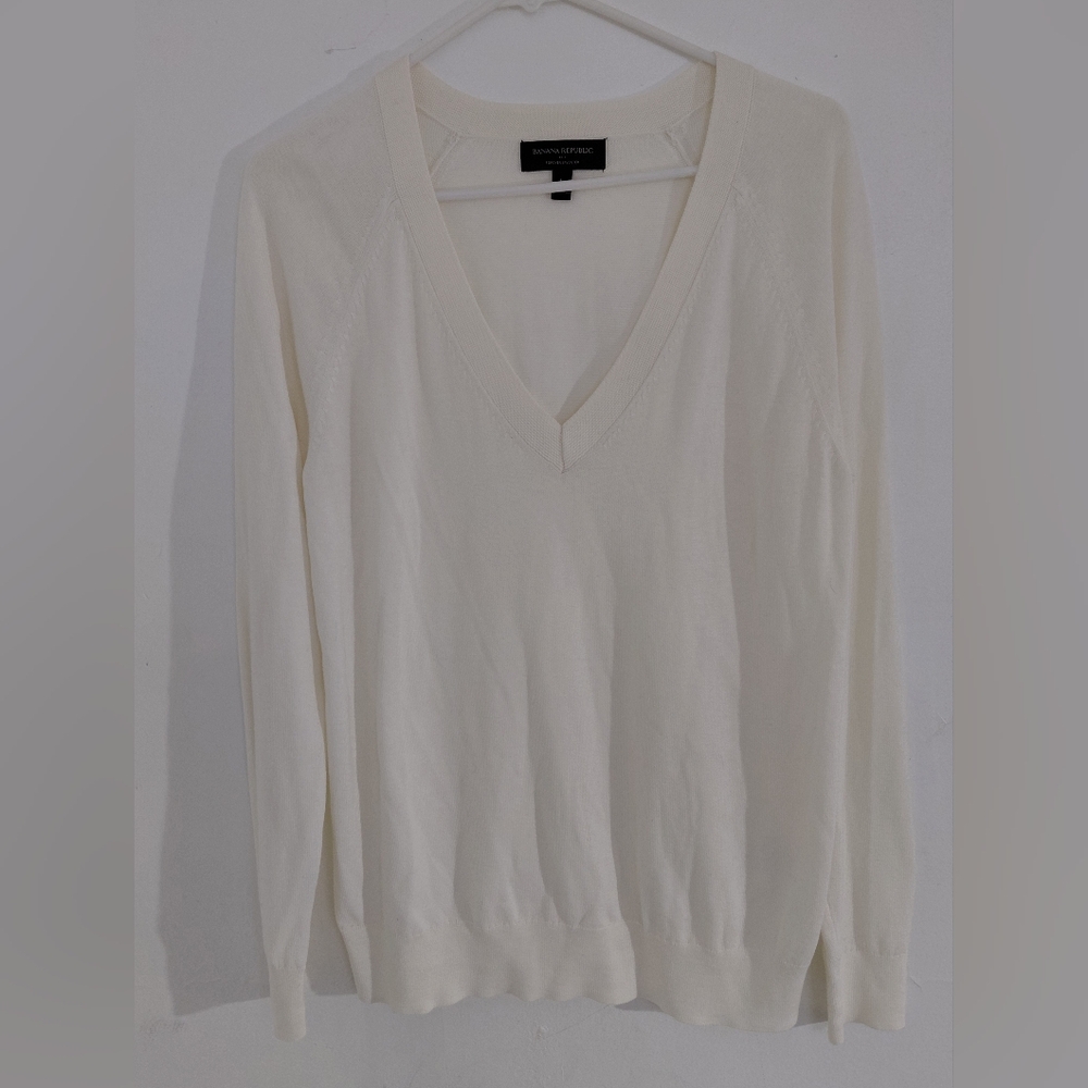 Banana Republic Forever Sweater V-Neck Womens Large Ivory White